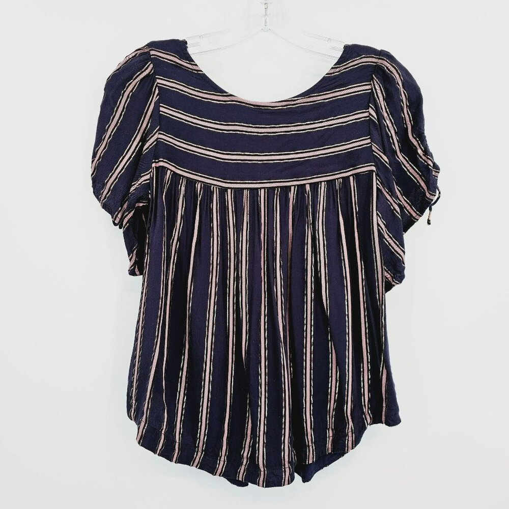 Anthropologie Cameron Tie Sleeve Top XS Blue Pink Rose Gold Metallic Stripe Boho